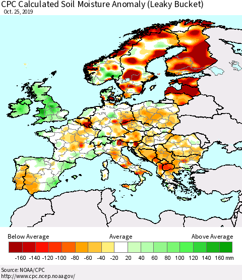 Europe CPC Soil Moisture Departure from Normal (Leaky Bucket) Thematic Map For 10/21/2019 - 10/25/2019