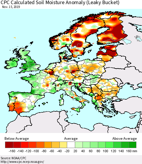 Europe CPC Soil Moisture Departure from Normal (Leaky Bucket) Thematic Map For 11/11/2019 - 11/15/2019