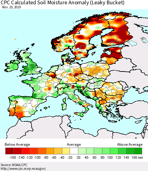 Europe CPC Soil Moisture Departure from Normal (Leaky Bucket) Thematic Map For 11/16/2019 - 11/20/2019