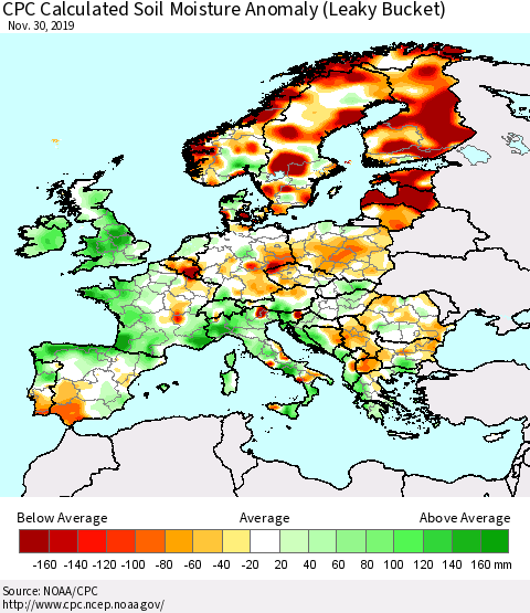 Europe CPC Soil Moisture Departure from Normal (Leaky Bucket) Thematic Map For 11/26/2019 - 11/30/2019