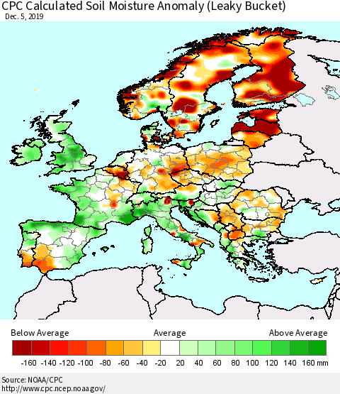 Europe CPC Soil Moisture Departure from Normal (Leaky Bucket) Thematic Map For 12/1/2019 - 12/5/2019