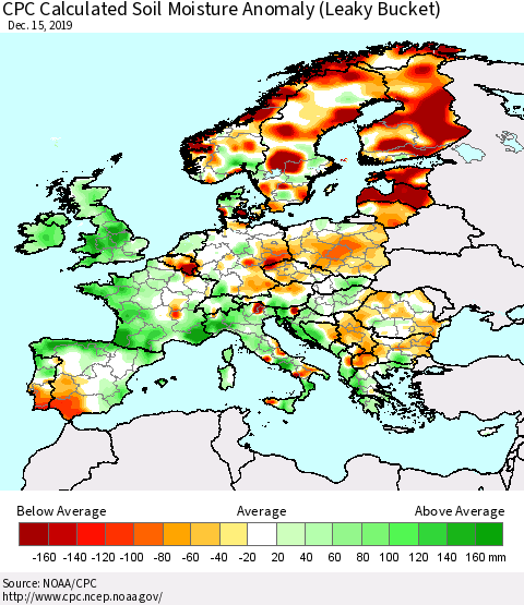 Europe CPC Soil Moisture Departure from Normal (Leaky Bucket) Thematic Map For 12/11/2019 - 12/15/2019
