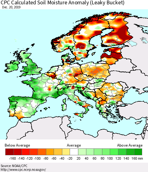 Europe CPC Soil Moisture Departure from Normal (Leaky Bucket) Thematic Map For 12/16/2019 - 12/20/2019