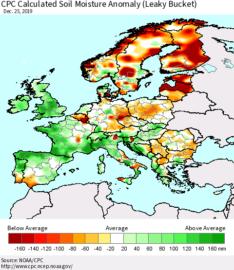 Europe CPC Soil Moisture Departure from Normal (Leaky Bucket) Thematic Map For 12/21/2019 - 12/25/2019