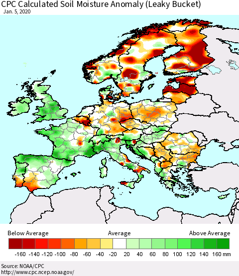 Europe CPC Soil Moisture Departure from Normal (Leaky Bucket) Thematic Map For 1/1/2020 - 1/5/2020
