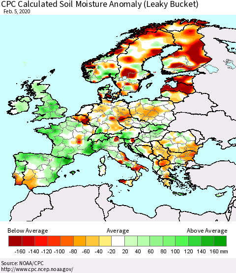 Europe CPC Soil Moisture Departure from Normal (Leaky Bucket) Thematic Map For 2/1/2020 - 2/5/2020