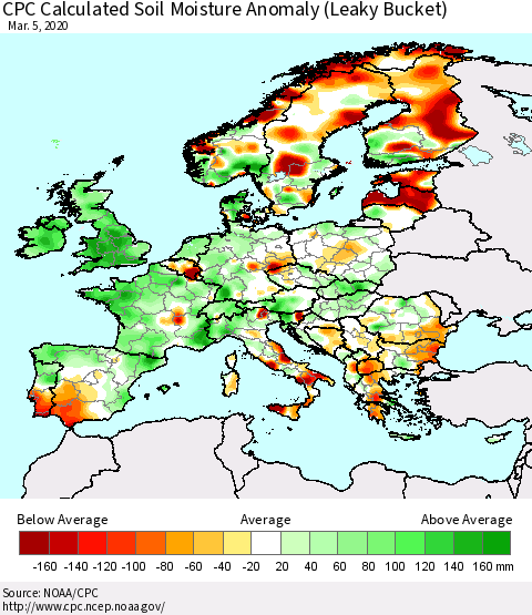 Europe CPC Soil Moisture Departure from Normal (Leaky Bucket) Thematic Map For 3/1/2020 - 3/5/2020