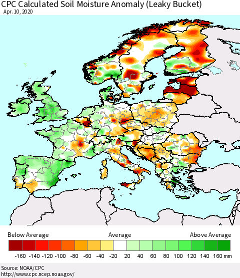 Europe CPC Soil Moisture Departure from Normal (Leaky Bucket) Thematic Map For 4/6/2020 - 4/10/2020