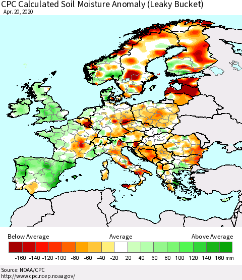 Europe CPC Soil Moisture Departure from Normal (Leaky Bucket) Thematic Map For 4/16/2020 - 4/20/2020