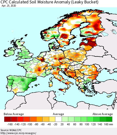 Europe CPC Soil Moisture Departure from Normal (Leaky Bucket) Thematic Map For 4/21/2020 - 4/25/2020