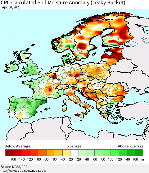 Europe CPC Soil Moisture Departure from Normal (Leaky Bucket) Thematic Map For 4/26/2020 - 4/30/2020