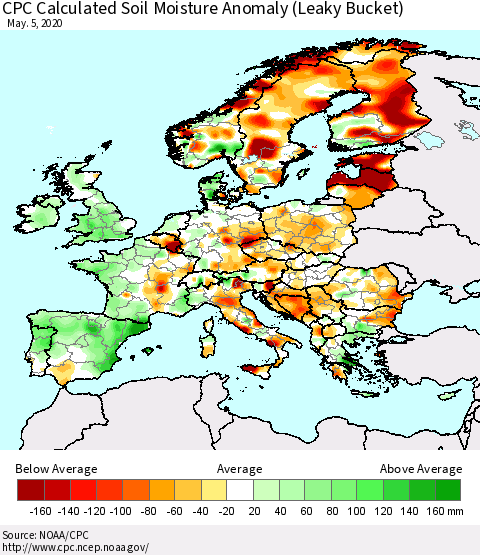 Europe CPC Soil Moisture Departure from Normal (Leaky Bucket) Thematic Map For 5/1/2020 - 5/5/2020