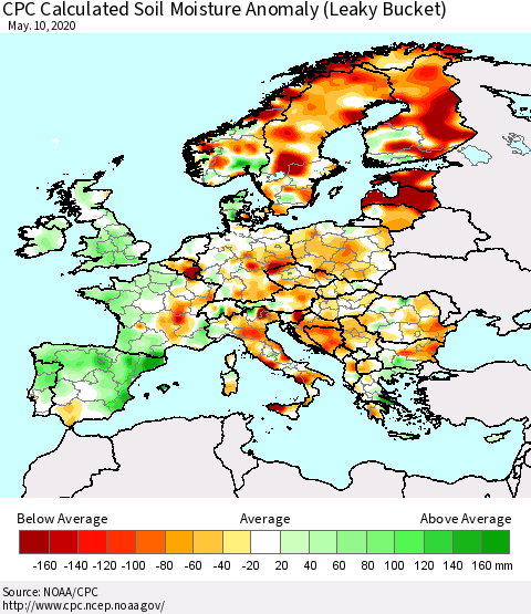 Europe CPC Soil Moisture Departure from Normal (Leaky Bucket) Thematic Map For 5/6/2020 - 5/10/2020