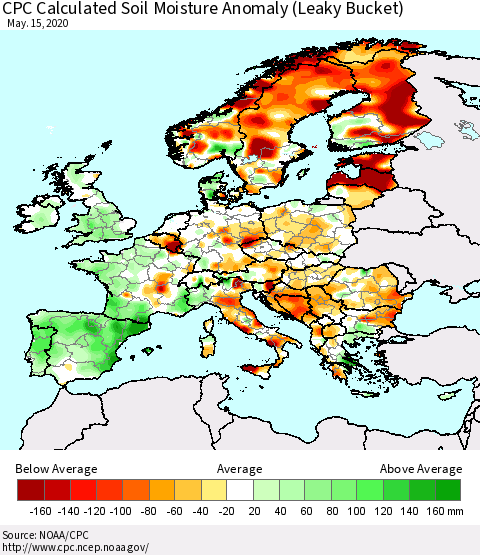 Europe CPC Soil Moisture Departure from Normal (Leaky Bucket) Thematic Map For 5/11/2020 - 5/15/2020