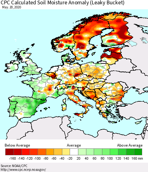 Europe CPC Soil Moisture Departure from Normal (Leaky Bucket) Thematic Map For 5/16/2020 - 5/20/2020