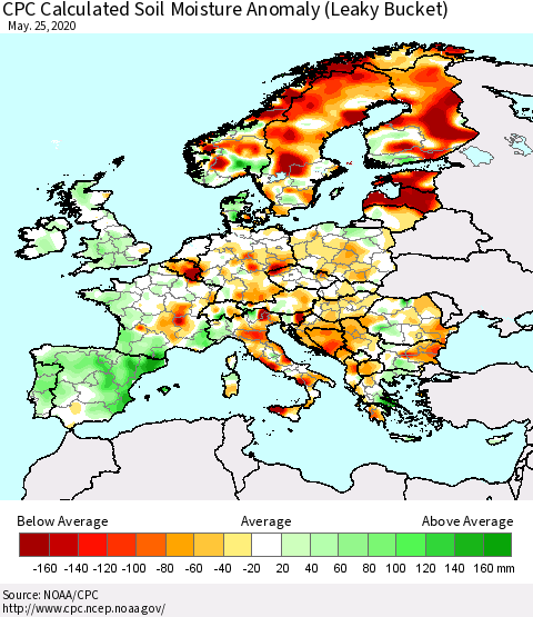 Europe CPC Soil Moisture Departure from Normal (Leaky Bucket) Thematic Map For 5/21/2020 - 5/25/2020