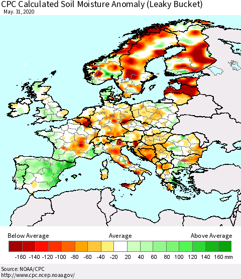 Europe CPC Soil Moisture Departure from Normal (Leaky Bucket) Thematic Map For 5/26/2020 - 5/31/2020