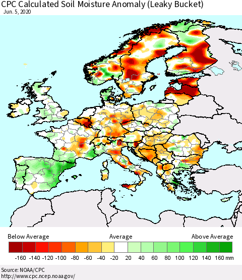 Europe CPC Soil Moisture Departure from Normal (Leaky Bucket) Thematic Map For 6/1/2020 - 6/5/2020