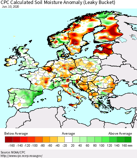 Europe CPC Soil Moisture Departure from Normal (Leaky Bucket) Thematic Map For 6/6/2020 - 6/10/2020