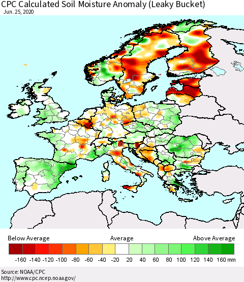 Europe CPC Soil Moisture Departure from Normal (Leaky Bucket) Thematic Map For 6/21/2020 - 6/25/2020