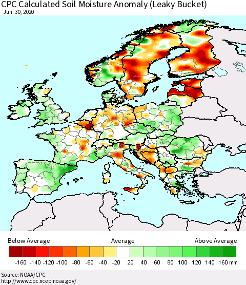 Europe CPC Soil Moisture Departure from Normal (Leaky Bucket) Thematic Map For 6/26/2020 - 6/30/2020
