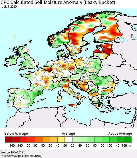 Europe CPC Soil Moisture Departure from Normal (Leaky Bucket) Thematic Map For 7/1/2020 - 7/5/2020