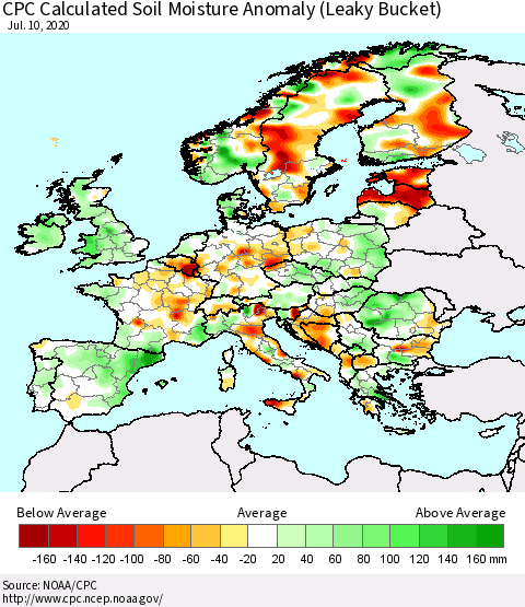Europe CPC Soil Moisture Departure from Normal (Leaky Bucket) Thematic Map For 7/6/2020 - 7/10/2020