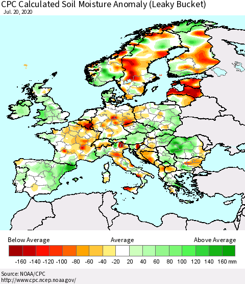 Europe CPC Soil Moisture Departure from Normal (Leaky Bucket) Thematic Map For 7/16/2020 - 7/20/2020