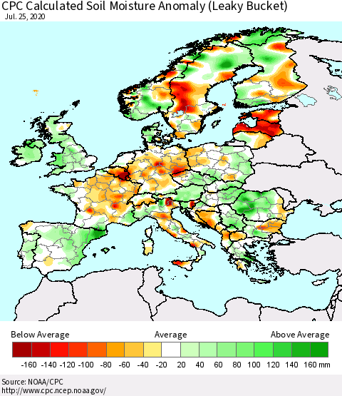 Europe CPC Soil Moisture Departure from Normal (Leaky Bucket) Thematic Map For 7/21/2020 - 7/25/2020