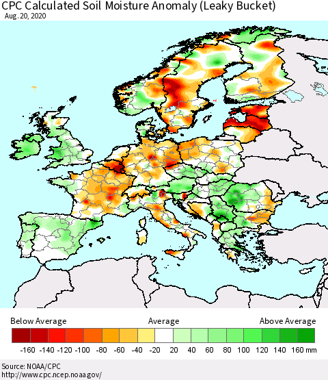 Europe CPC Soil Moisture Departure from Normal (Leaky Bucket) Thematic Map For 8/16/2020 - 8/20/2020