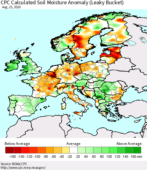 Europe CPC Soil Moisture Departure from Normal (Leaky Bucket) Thematic Map For 8/21/2020 - 8/25/2020