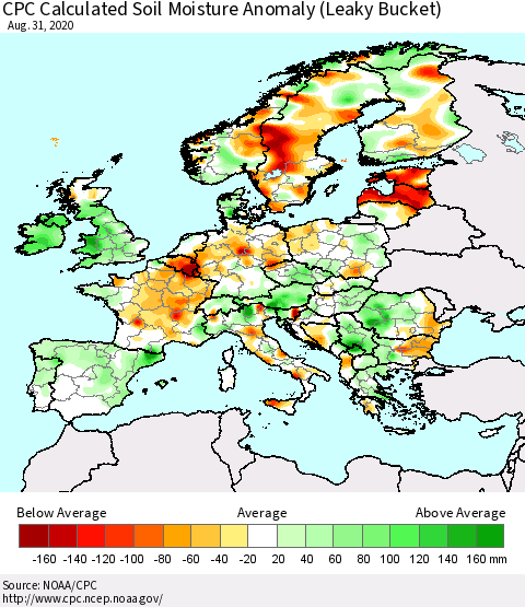 Europe CPC Soil Moisture Departure from Normal (Leaky Bucket) Thematic Map For 8/26/2020 - 8/31/2020