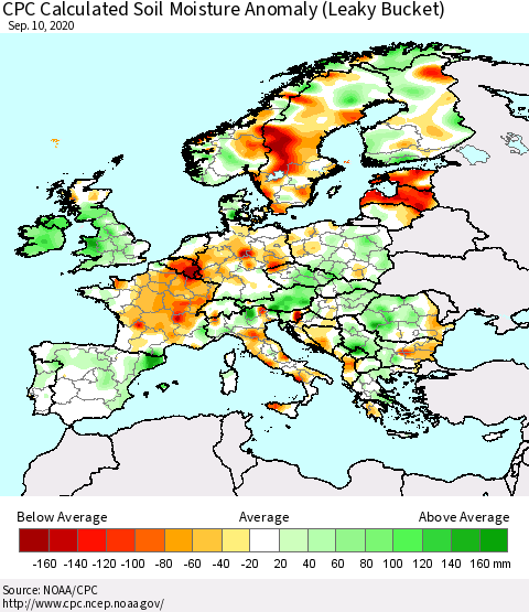 Europe CPC Soil Moisture Departure from Normal (Leaky Bucket) Thematic Map For 9/6/2020 - 9/10/2020