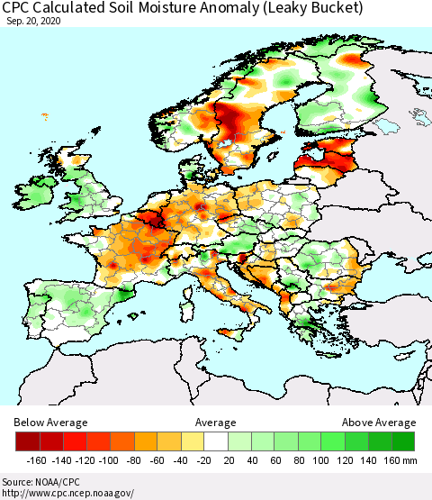 Europe CPC Soil Moisture Departure from Normal (Leaky Bucket) Thematic Map For 9/16/2020 - 9/20/2020
