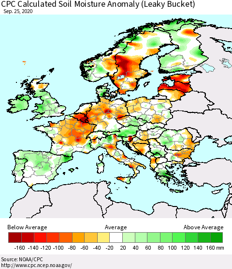 Europe CPC Soil Moisture Departure from Normal (Leaky Bucket) Thematic Map For 9/21/2020 - 9/25/2020
