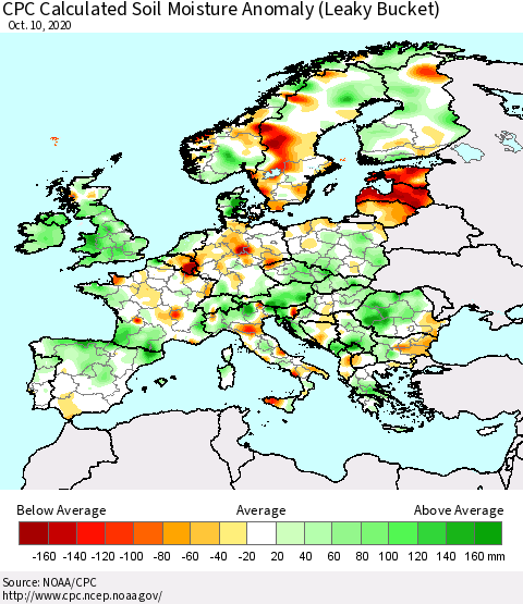 Europe CPC Soil Moisture Departure from Normal (Leaky Bucket) Thematic Map For 10/6/2020 - 10/10/2020