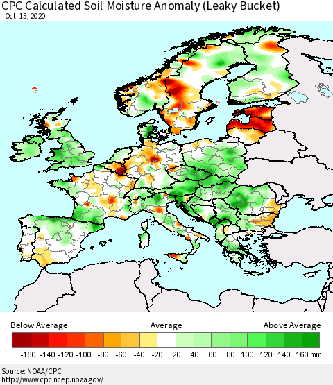 Europe CPC Soil Moisture Departure from Normal (Leaky Bucket) Thematic Map For 10/11/2020 - 10/15/2020