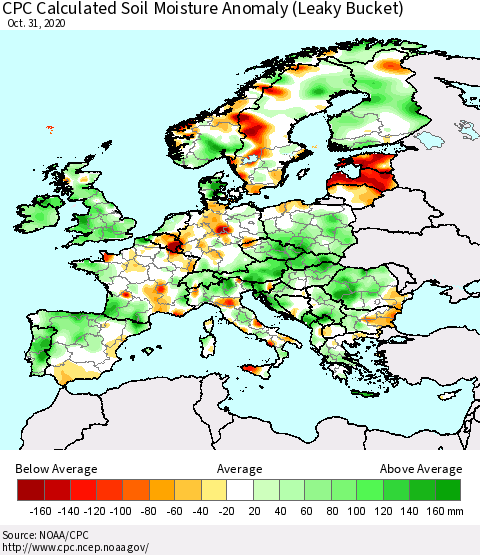 Europe CPC Soil Moisture Departure from Normal (Leaky Bucket) Thematic Map For 10/26/2020 - 10/31/2020