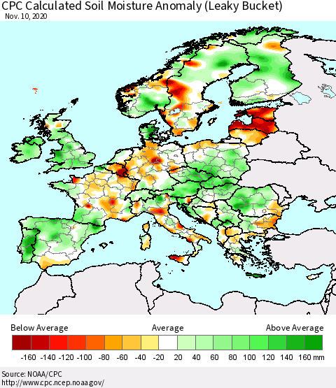 Europe CPC Soil Moisture Departure from Normal (Leaky Bucket) Thematic Map For 11/6/2020 - 11/10/2020