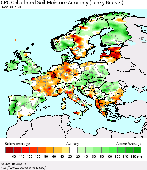 Europe CPC Soil Moisture Departure from Normal (Leaky Bucket) Thematic Map For 11/26/2020 - 11/30/2020