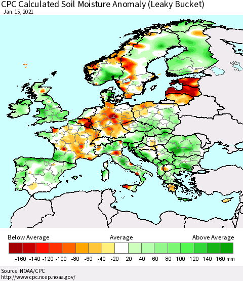 Europe CPC Soil Moisture Departure from Normal (Leaky Bucket) Thematic Map For 1/11/2021 - 1/15/2021
