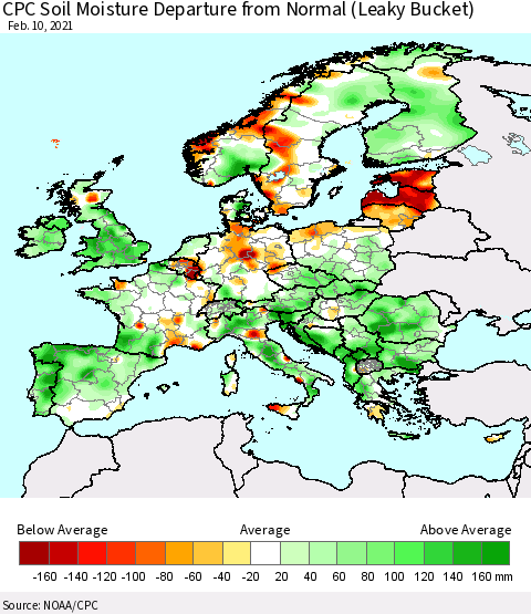 Europe CPC Soil Moisture Departure from Normal (Leaky Bucket) Thematic Map For 2/6/2021 - 2/10/2021