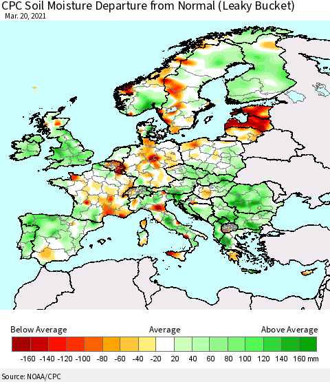 Europe CPC Soil Moisture Departure from Normal (Leaky Bucket) Thematic Map For 3/16/2021 - 3/20/2021