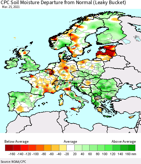 Europe CPC Soil Moisture Departure from Normal (Leaky Bucket) Thematic Map For 3/21/2021 - 3/25/2021