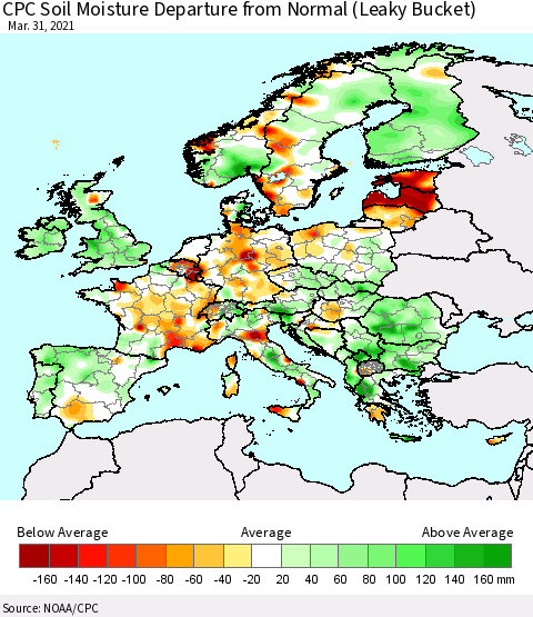 Europe CPC Soil Moisture Departure from Normal (Leaky Bucket) Thematic Map For 3/26/2021 - 3/31/2021