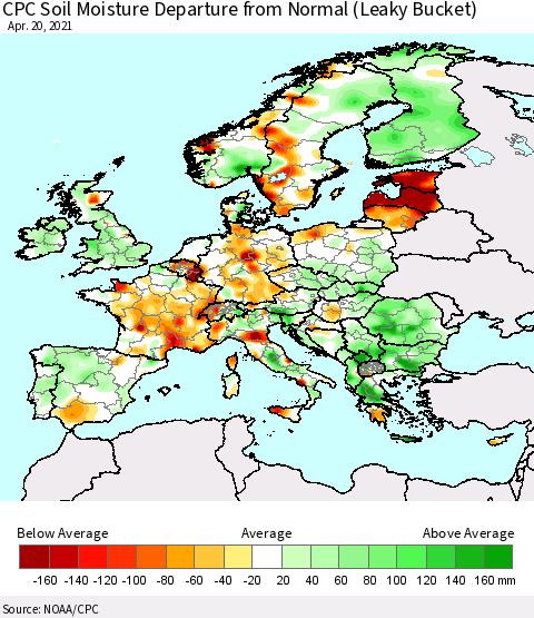 Europe CPC Soil Moisture Departure from Normal (Leaky Bucket) Thematic Map For 4/16/2021 - 4/20/2021