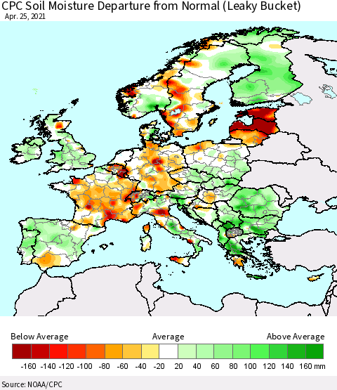 Europe CPC Soil Moisture Departure from Normal (Leaky Bucket) Thematic Map For 4/21/2021 - 4/25/2021