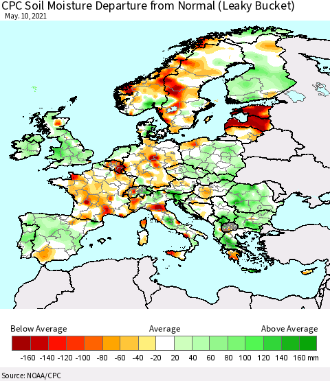 Europe CPC Soil Moisture Departure from Normal (Leaky Bucket) Thematic Map For 5/6/2021 - 5/10/2021