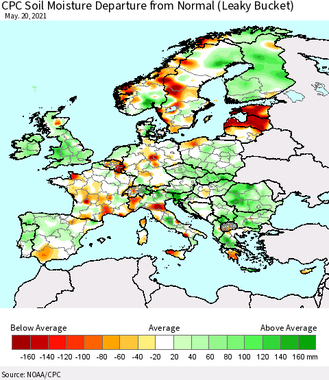 Europe CPC Soil Moisture Departure from Normal (Leaky Bucket) Thematic Map For 5/16/2021 - 5/20/2021