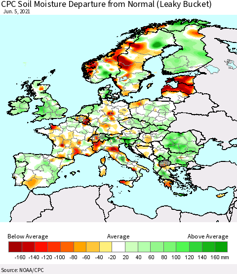 Europe CPC Soil Moisture Departure from Normal (Leaky Bucket) Thematic Map For 6/1/2021 - 6/5/2021